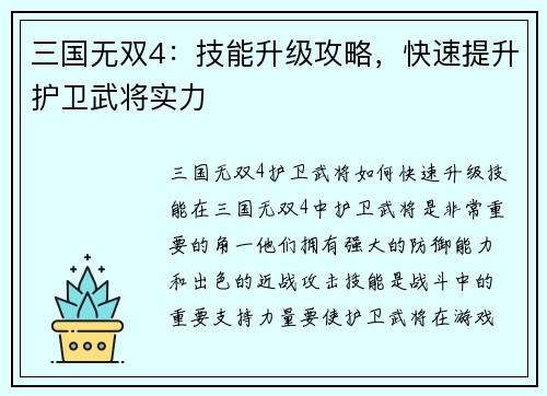 三国无双4：技能升级攻略，快速提升护卫武将实力