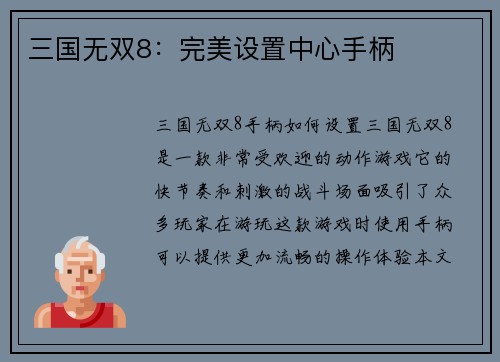 三国无双8：完美设置中心手柄